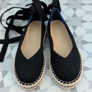 Rothy's Black Knit Espadrille Lace-Up Flats with Natural Jute Sole